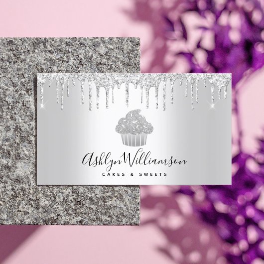 カップケーキベーカリーペストリーシェフシルバーグリッタードリップ 名刺