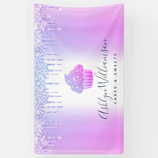 カップケーキベーカリーペストリーシェフパープルグリッタードリップ 横断幕 (縦)