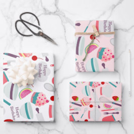 カップケーキベーキングパターンピンクパープル ラッピングペーパーシート