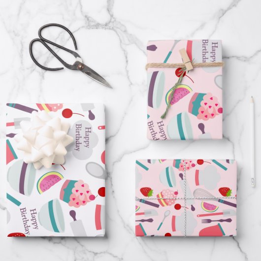 カップケーキベーキングパターンピンクパープル ラッピングペーパーシート (正面)