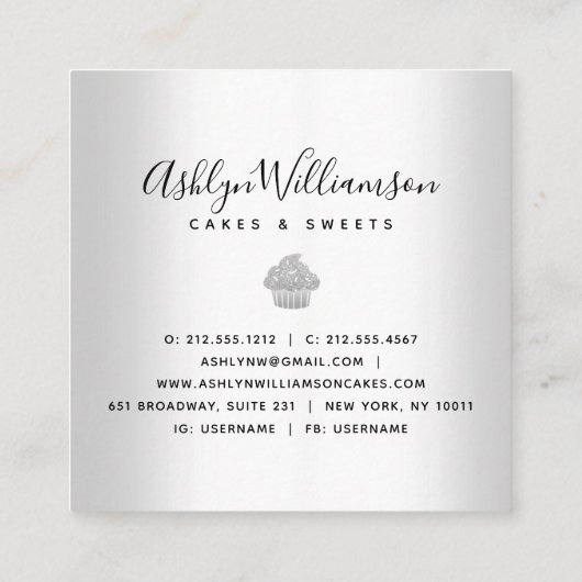 カップケーキペストリーベーカリーシェフシルバーグリッタードリップ スクエア名刺 (裏面)