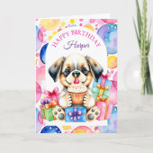 カップケーキ塗りページ付き子犬誕生日 カード (正面)