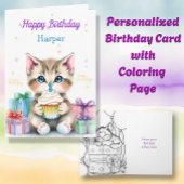 カップケーキ塗りページ付き子猫誕生日 カード