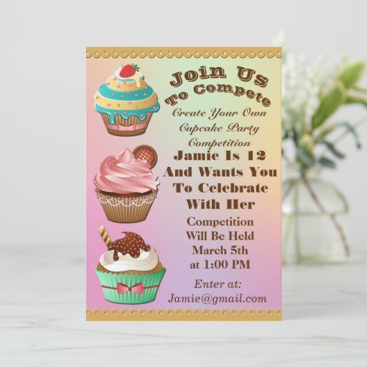 カップケーキ戦争は誕生日のオーロラの数々のな招待を離れて焼けます 招待状 (スタンド正面)