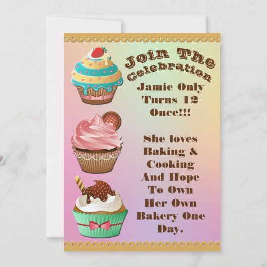 カップケーキ戦争は誕生日のオーロラの数々のな招待を離れて焼けます 招待状 (裏面)