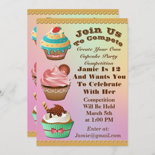 カップケーキ戦争は誕生日のオーロラの数々のな招待を離れて焼けます 招待状 (正面/裏面)