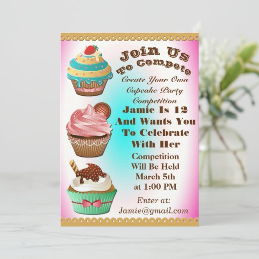 カップケーキ戦争は誕生日のピンクの青い招待を離れて焼けます 招待状 (スタンド正面)