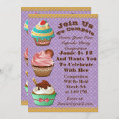 カップケーキ戦争は誕生日の紫色の招待を離れて焼けます 招待状 (正面/裏面)