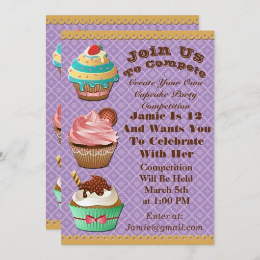 カップケーキ戦争は誕生日の紫色の招待を離れて焼けます 招待状 (正面/裏面)