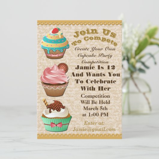 カップケーキ戦争は誕生日の許可の渦巻の招待を離れて焼けます 招待状 (スタンド正面)