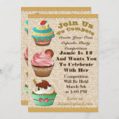 カップケーキ戦争は誕生日の許可の渦巻の招待を離れて焼けます 招待状 (正面/裏面)