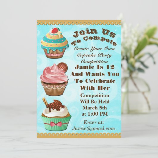 カップケーキ戦争は誕生日の青い渦巻の招待を離れて焼けます 招待状 (スタンド正面)