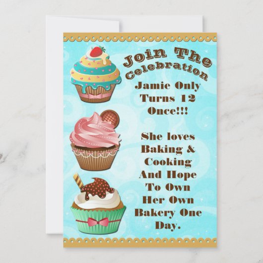 カップケーキ戦争は誕生日の青い渦巻の招待を離れて焼けます 招待状 (裏面)