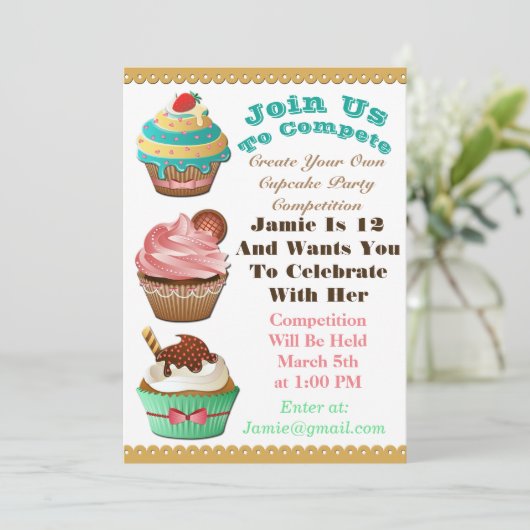 カップケーキ戦争は誕生日数々のな色の招待を離れて焼けます 招待状 (スタンド正面)