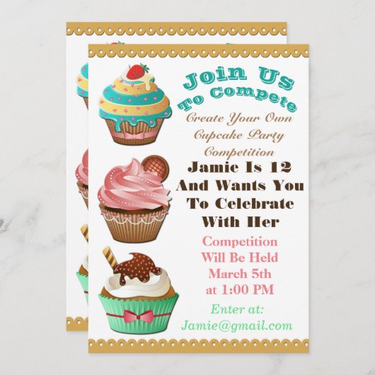 カップケーキ戦争は誕生日数々のな色の招待を離れて焼けます 招待状 (正面/裏面)