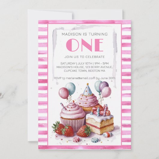 カップケーキ甘い誕生日パーティーガールウォーター色1 招待状 (正面)