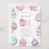 カップケーキ第1誕生日パーティースイートワンキャンディーパーティー 招待状 (正面)