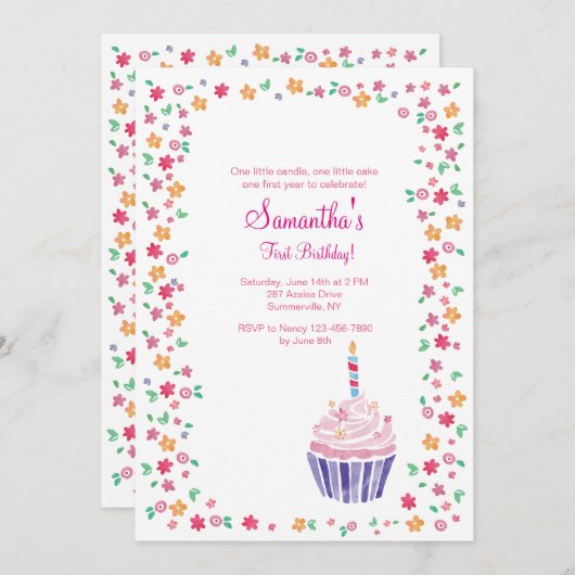 カップケーキ誕生パーティーの招待 招待状 (正面/裏面)