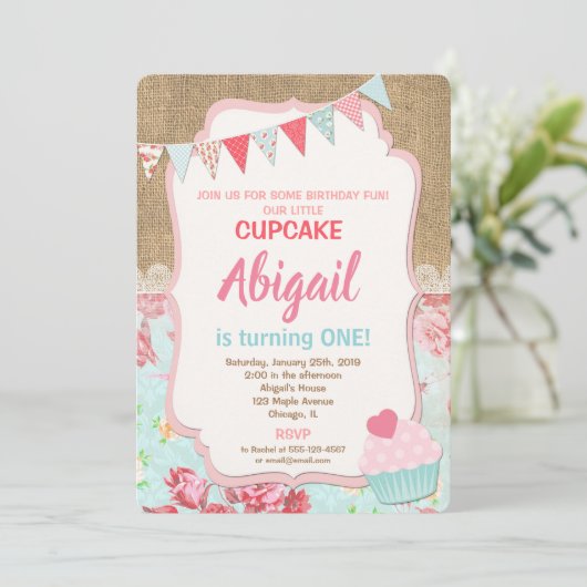 カップケーキ誕生日の招待娘1歳の誕生日 招待状 (スタンド正面)