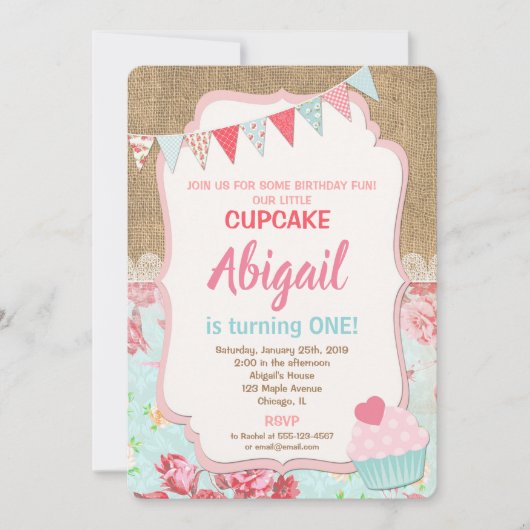 カップケーキ誕生日の招待娘1歳の誕生日 招待状 (正面)