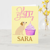 カップケーキ誕生日カード付き可愛い犬 カード (黄色い花)