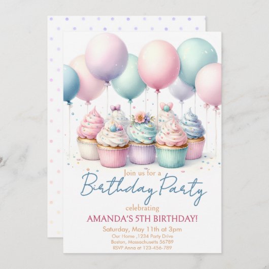 カップケーキ誕生日パーティーの招待 招待状 (正面/裏面)