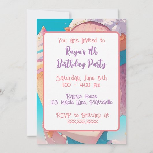 カップケーキ誕生日パーティーを楽しむアニメガール 招待状 (裏面)