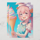 カップケーキ誕生日パーティーを楽しむアニメガール 招待状 (正面/裏面)