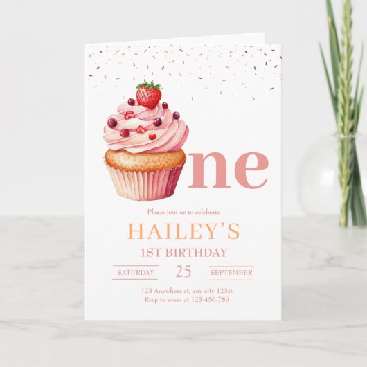 カップケーキ誕生日招待状ガールズ1st誕生日 招待状 (正面)