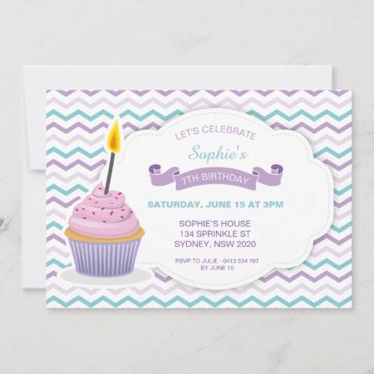 カップケーキ誕生日招待状- V1 招待状 (正面)