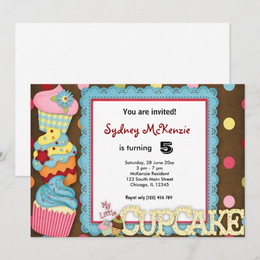 カップケーキ誕生日 招待状 (正面/裏面)
