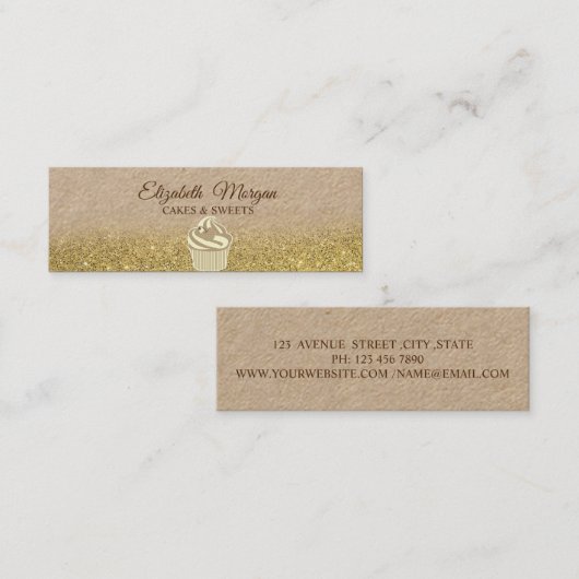カップケーキ金ゴールドグラデーショングリッター素朴クラフト スキニー名刺 (正面/裏面)