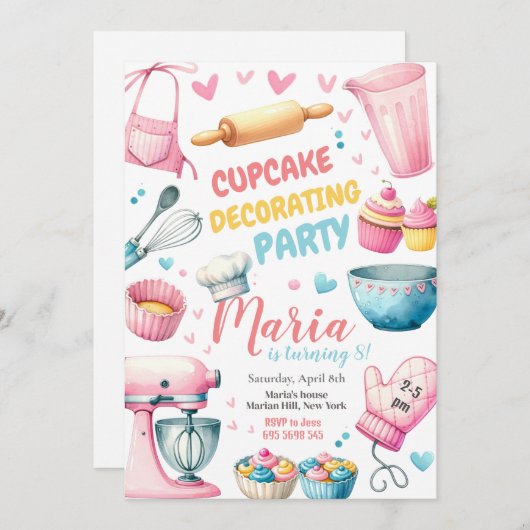 カップケーキ飾ズガール子供の誕生日招待状 招待状 (正面/裏面)