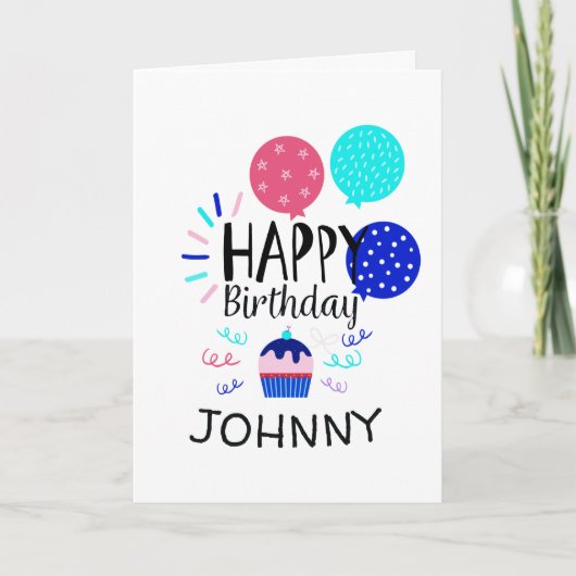 カップケーキ&バルーンハッピーバースデー文字- カード (正面)