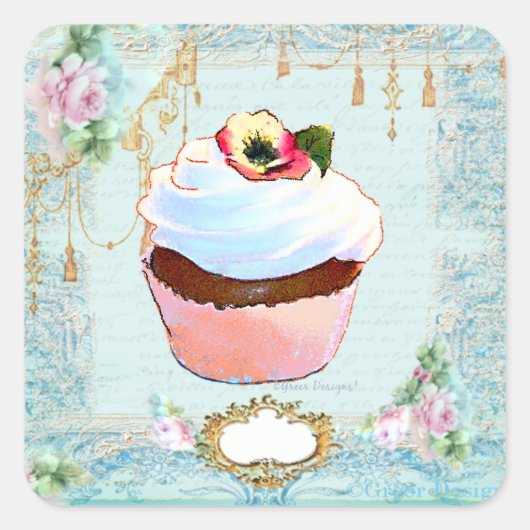 カップケーキ&ピンクローゼレースステッカーラベル スクエアシール (正面)