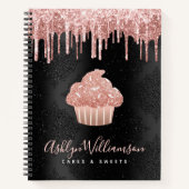 カップケーキ ローズゴールド グリッター ドリップス ブラック ベーカリー シェフ ノートブック (正面)