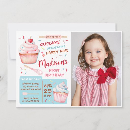 カップケ飾ーキのパーティーベーキング誕生日写真 招待状 (正面)