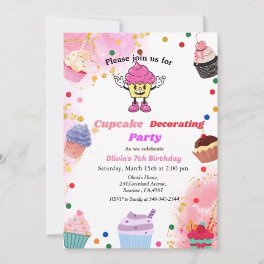 カップケ飾ーキの誕生日、子供のベーキングbash 招待状 (正面)