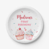 カップケ飾ーキパーティーかわいいベーキングガール誕生日 ペーパープレート (正面)