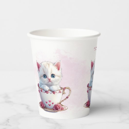 カップピンク花の子猫紙カップ 紙コップ (正面)