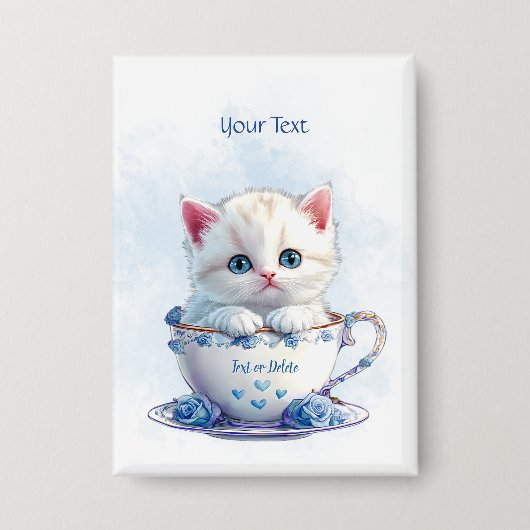 カップブルーフラワーボタンの子猫 缶バッジ (正面)