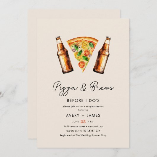 カップルがシャワーを浴びる前の結婚ピザとブリュウ 招待状 (正面/裏面)