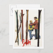 カップルで雪の中に立つスキー ポストカード (正面/裏面)