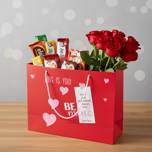 カップルに最適な、特別な赤い背景にピンクのハート ラージペーパーバッグ