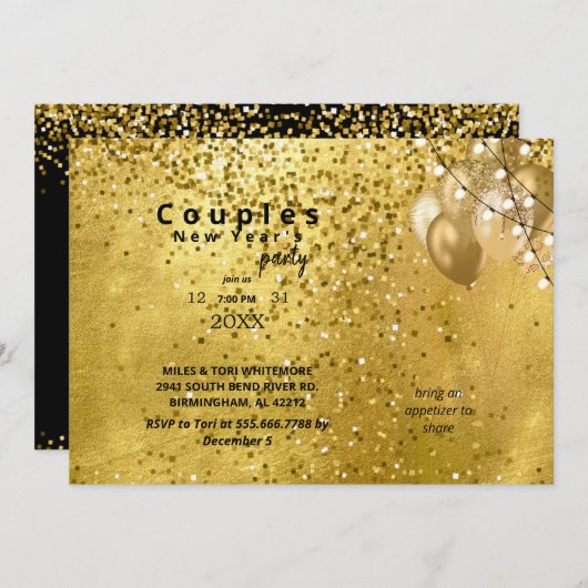 カップルのためのニューイヤーズイブパーティーのお知らせ 新年を祝おう 招待状 (正面/裏面)