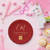 カップルのイニシャル モダンな中国の結婚式 赤 ペーパープレート (パーティー)
