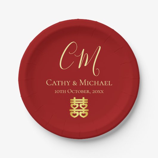 カップルのイニシャル モダンな中国の結婚式 赤 ペーパープレート (正面)