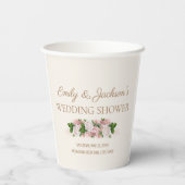 カップルのウェディングシャワー。赤面ピンクヴィンテージフローラ 紙コップ (裏面)