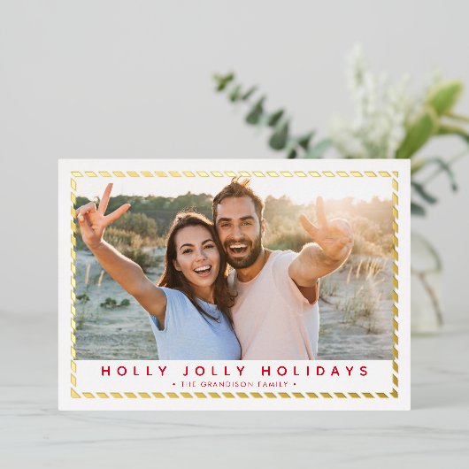 カップルのクリスマスシンプル写真金ゴールド縁ど赤 箔シーズンカード (立ち正面)