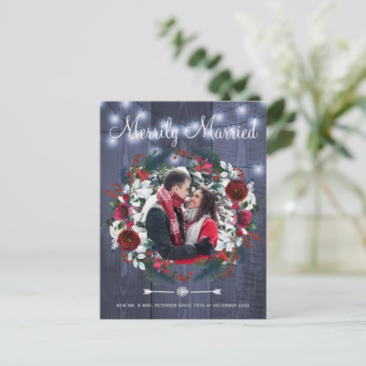 カップルのクリスマスレッド結婚フローラの写真 シーズンポストカード (スタンド正面)